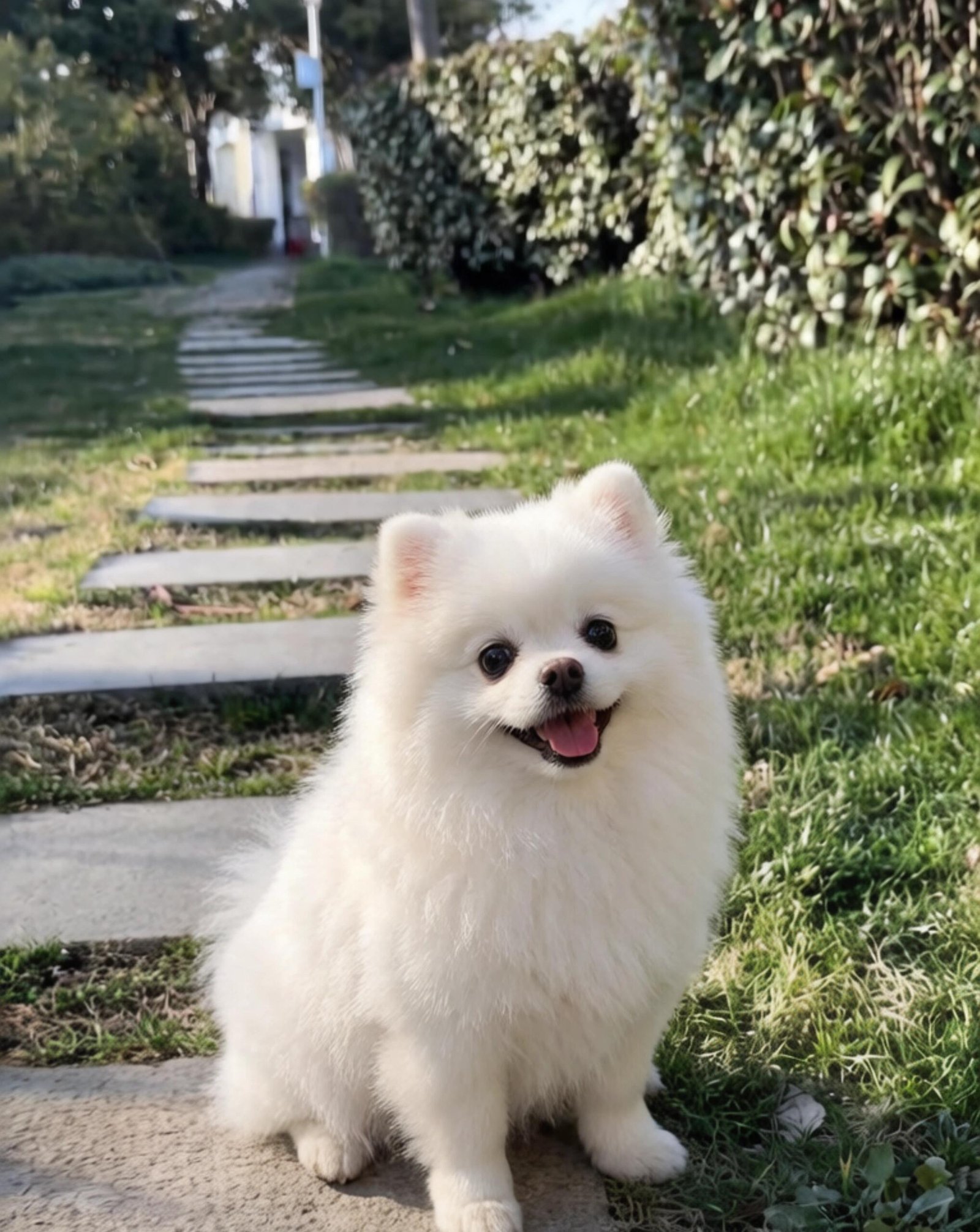 Mochi the white Pomeranian sitting in a sunny garden